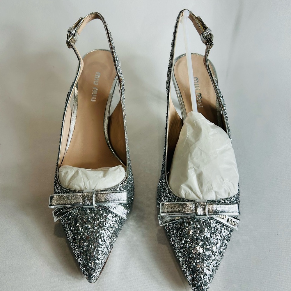 Miu Miu Slingback Silver Glitter Heels Size 37 - Picture 9 of 9